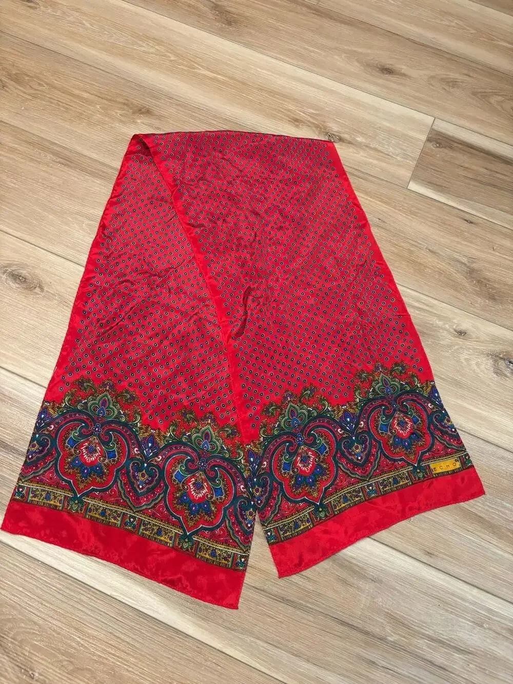 Echo Vintage Red Silk Oblong Scarf with Paisley and Geometric Print